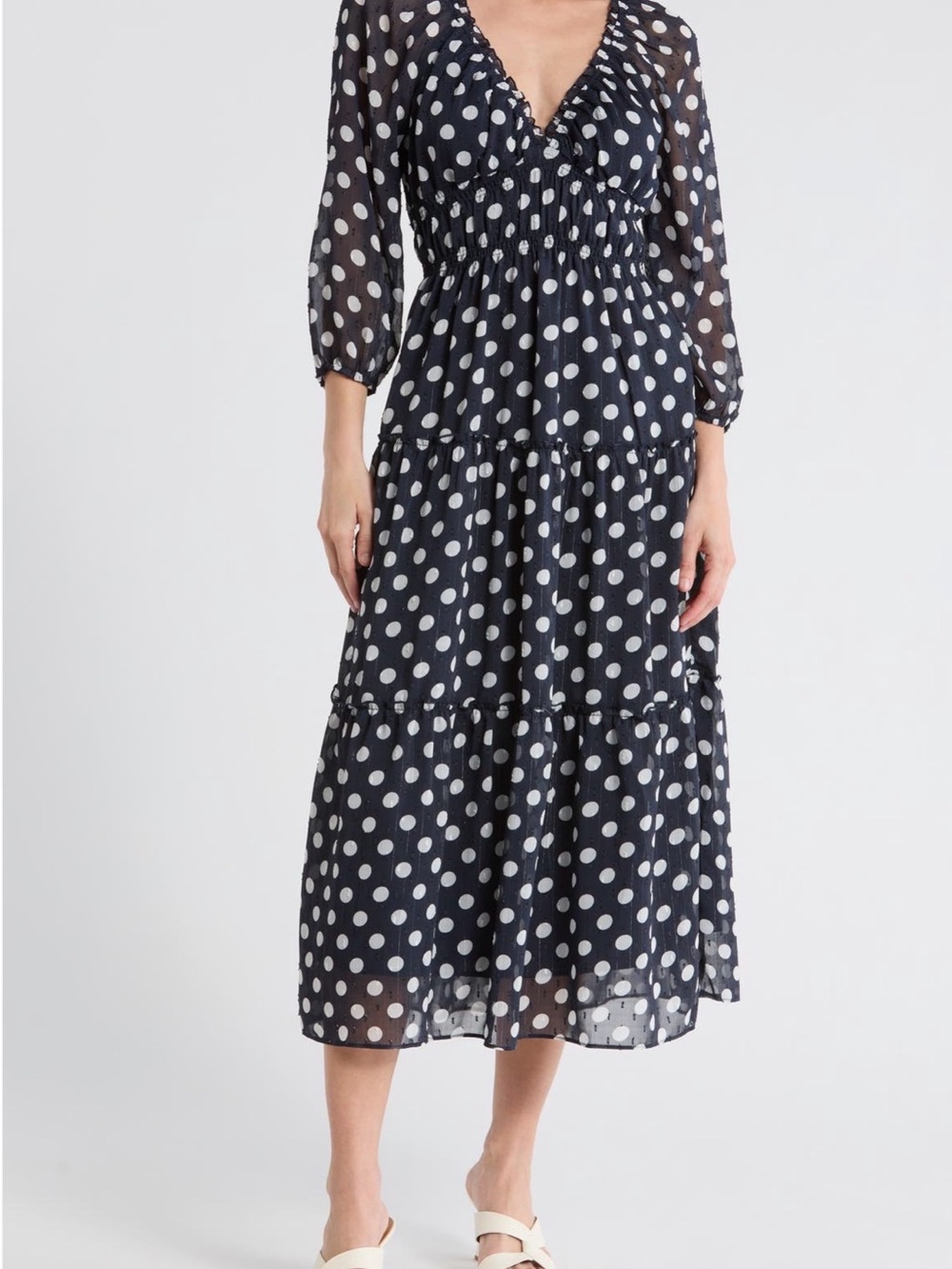 NWT Socialite Navy Polka Dot Tiered Metallic Maxi Dress Size M